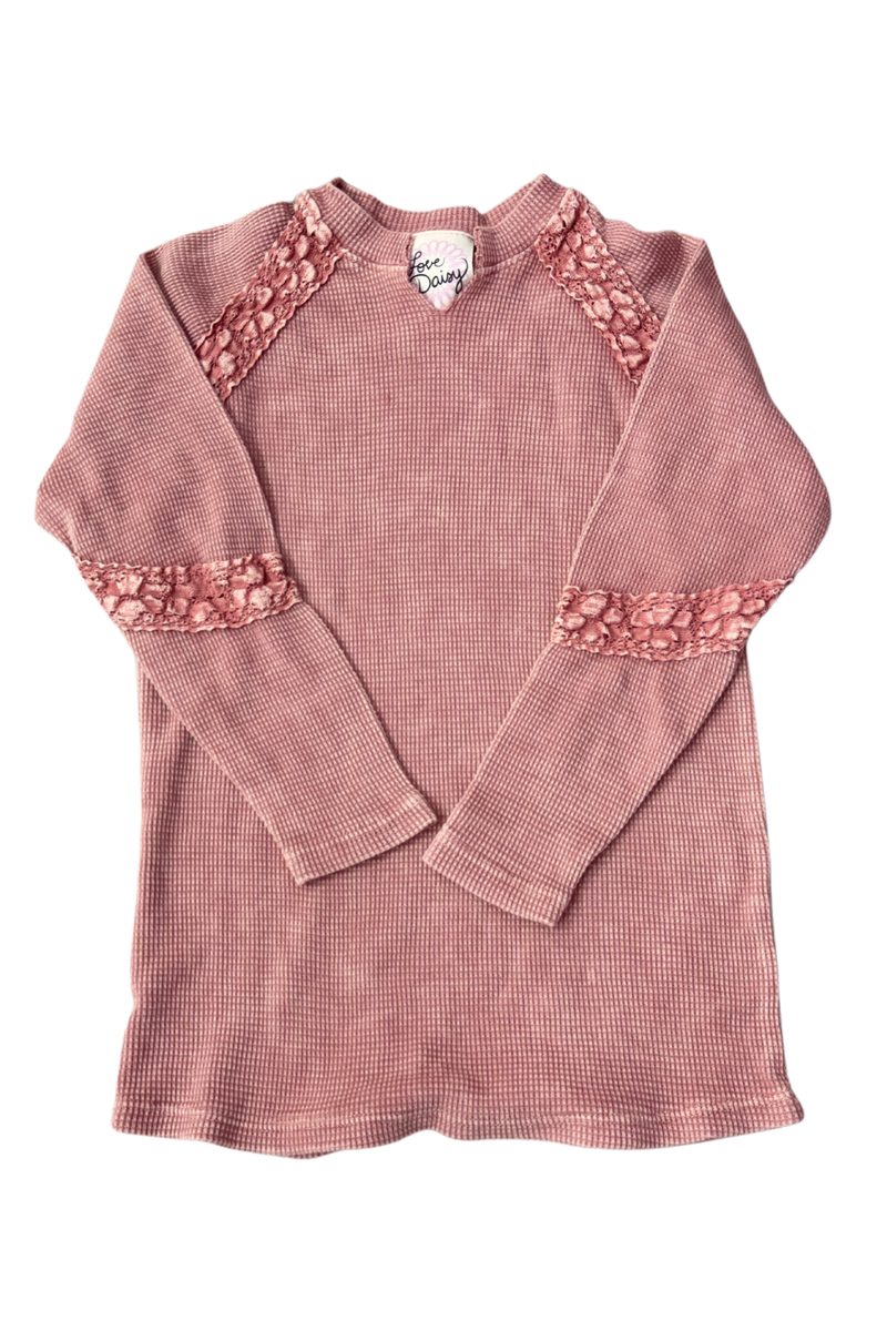 Waffle Knit V-Neck Top with Crochet Lace Detail by Love Daisy