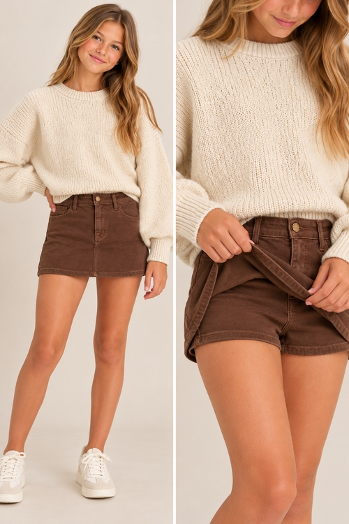Maggie Classic Denim Skort in Brown