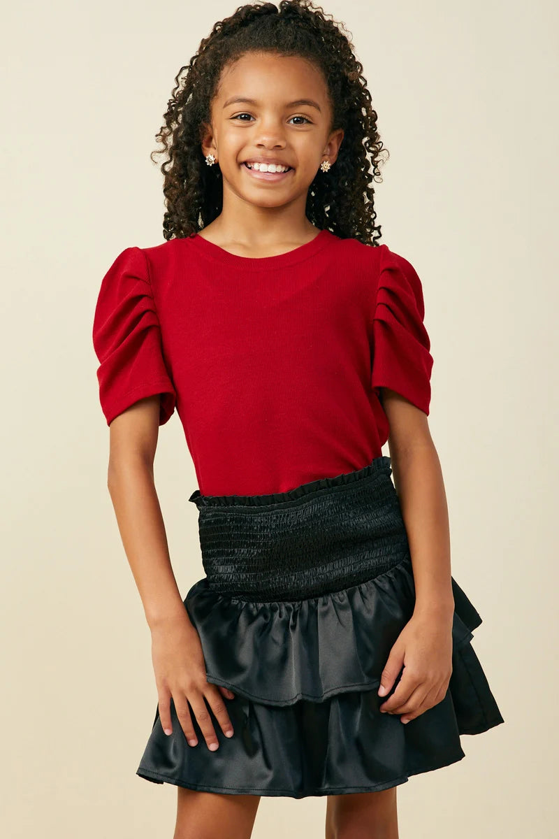 Girls Ribbed Pleated Shoulder Puff Sleeve Top