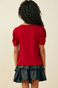Girls Ribbed Pleated Shoulder Puff Sleeve Top