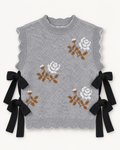 Embroidered Knit Scalloped Vest With Side Bow
