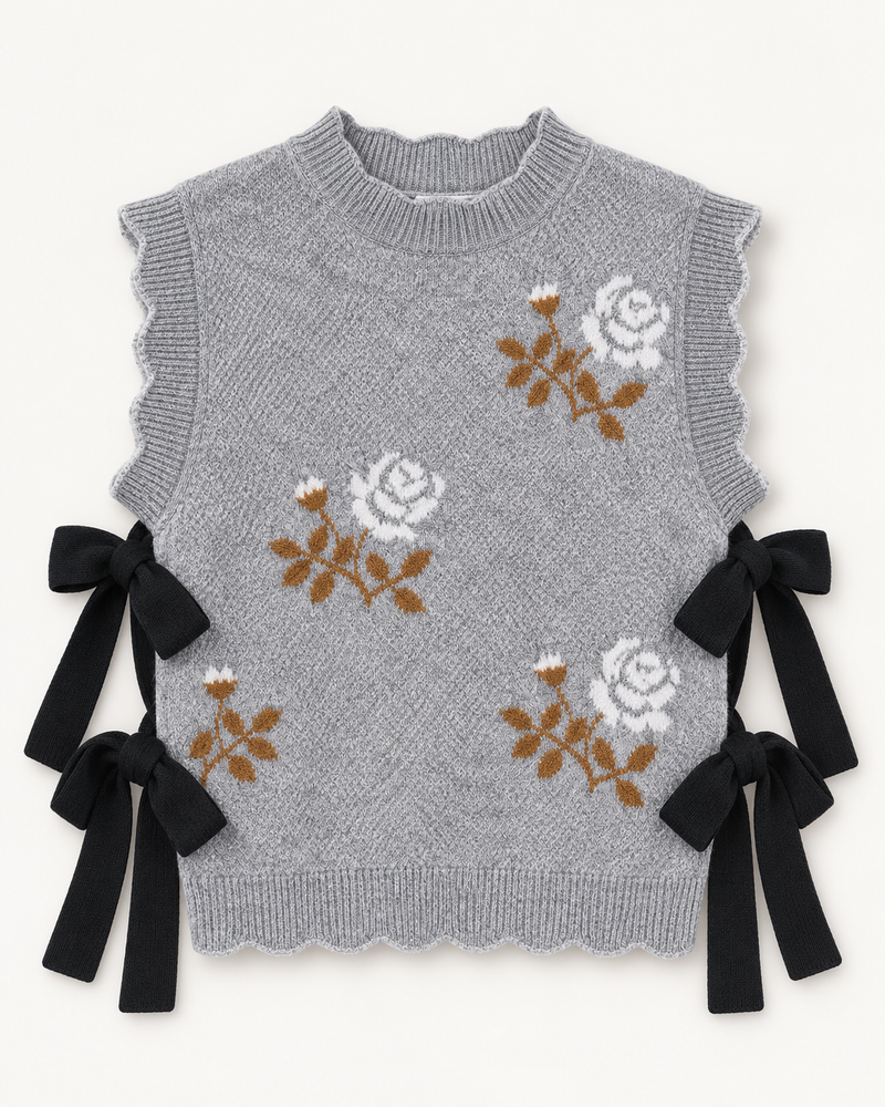 Embroidered Knit Scalloped Vest With Side Bow