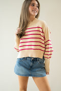 Striped Mock Neck Long Sleeve Sweater in Magenta