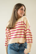 Striped Mock Neck Long Sleeve Sweater in Magenta