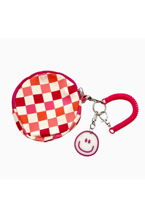 Checkered Backpack Mini Pouch Happy Face Keychain Wristlet