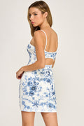 Blue Floral Sequin Spaghetti Strap Dress