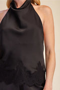Halter Neck Lace Trim Satin Top