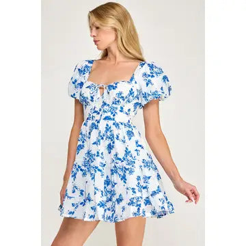Flower Print Puff Sleeve Mini Dress