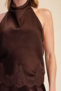 Halter Neck Lace Trim Satin Top