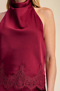 Halter Neck Lace Trim Satin Top