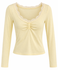 Lace Trim Button Detail Long Sleeve Top