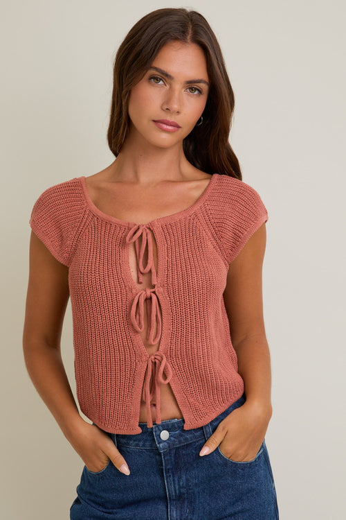 Front Tie Short Sleeve Sweater