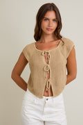 Front Tie Short Sleeve Sweater