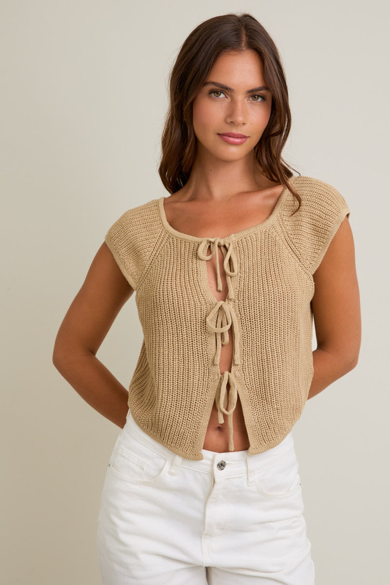 Front Tie Short Sleeve Sweater