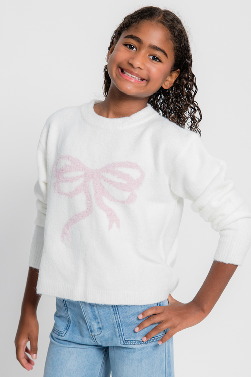 Katie J Girls Maggie Sweater in Cream/Pink Bow