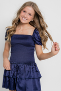 Lexi Navy Satin Smocked Dress by THEME