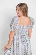 Floral Stripe Puff Sleeve Ruffled Midi Dress