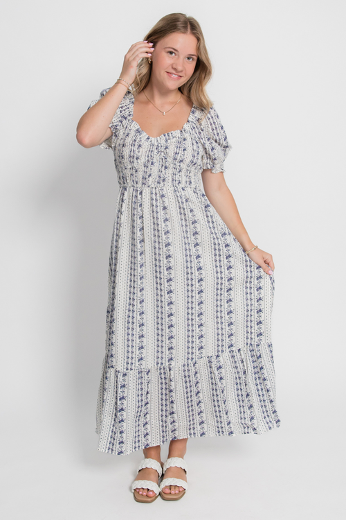 Floral Stripe Puff Sleeve Ruffled Midi Dress