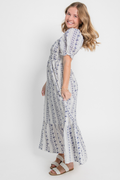 Floral Stripe Puff Sleeve Ruffled Midi Dress