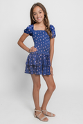 Lexi Rose Bow Navy Satin Smocked Dress by THEME