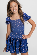 Lexi Rose Bow Navy Satin Smocked Dress by THEME