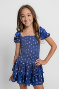 Lexi Rose Bow Navy Satin Smocked Dress by THEME