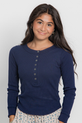 Fitted Long Sleeve Ribbed Henley Knit Top
