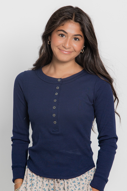 Fitted Long Sleeve Ribbed Henley Knit Top