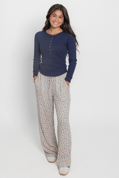 Ditsy Floral Rib Knit Wide Leg Lounge Pants