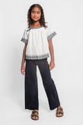 Girls Cotton Slub Textured Embroidered Square Neck Top