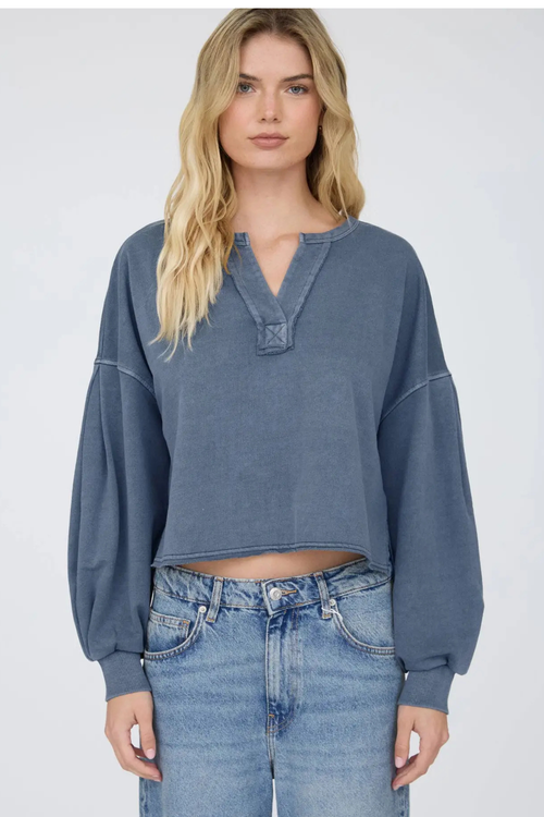 Notch Neck Boxy Long Sleeve Top