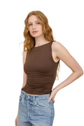 Boat Neck Sleeveless Ruched Detail Seamless Knit Top