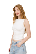 Boat Neck Sleeveless Ruched Detail Seamless Knit Top