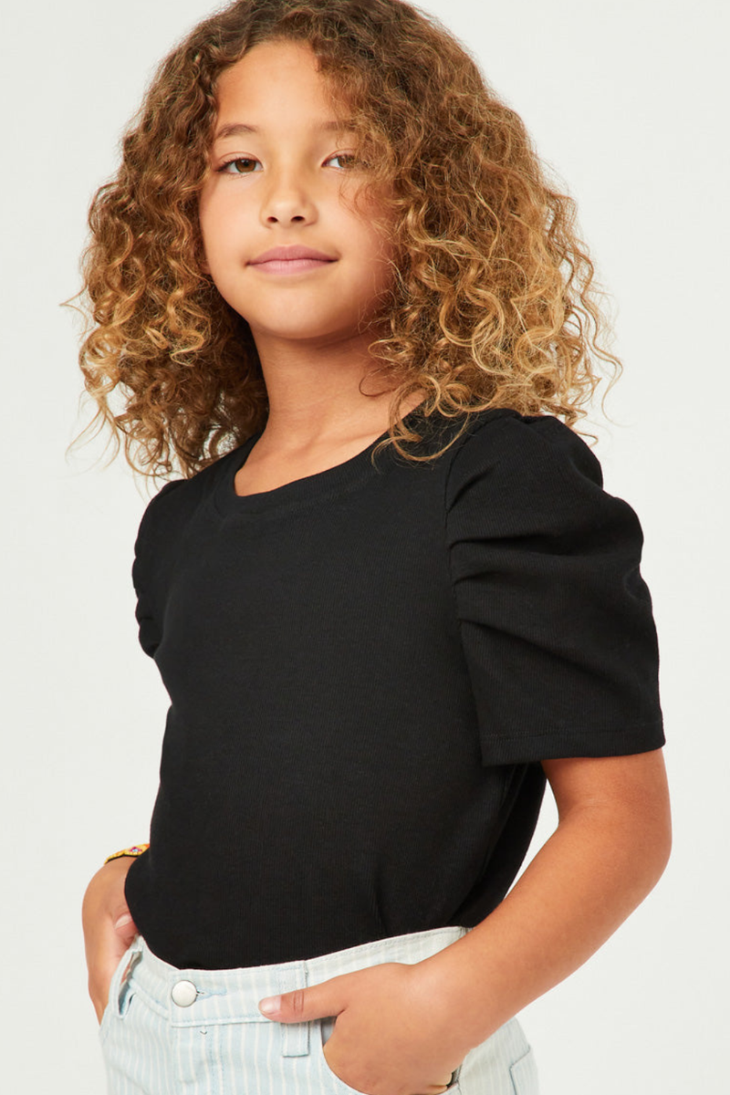 Girls Ribbed Pleated Shoulder Puff Sleeve Top