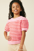 Girls Striped Puff Sleeve Sweater Top