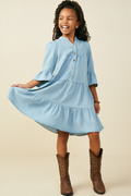 Girls Washed Button Detail Ruffle Sleeve Tencel Dress