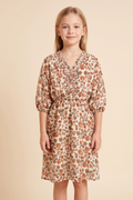 Girls Smocked Neckline Floral Puff Sleeve Dress
