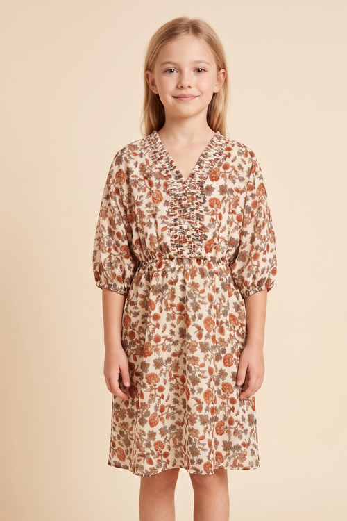 Girls Smocked Neckline Floral Puff Sleeve Dress