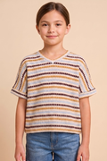 Girls Ladder Stitch Striped V Neck T Shirt