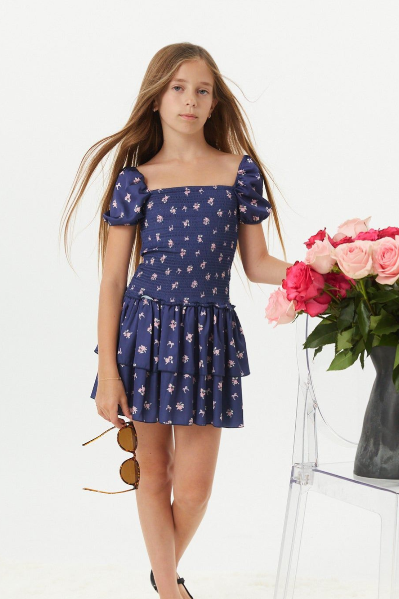 Lexi Rose Bow Navy Satin Smocked Dress by THEME