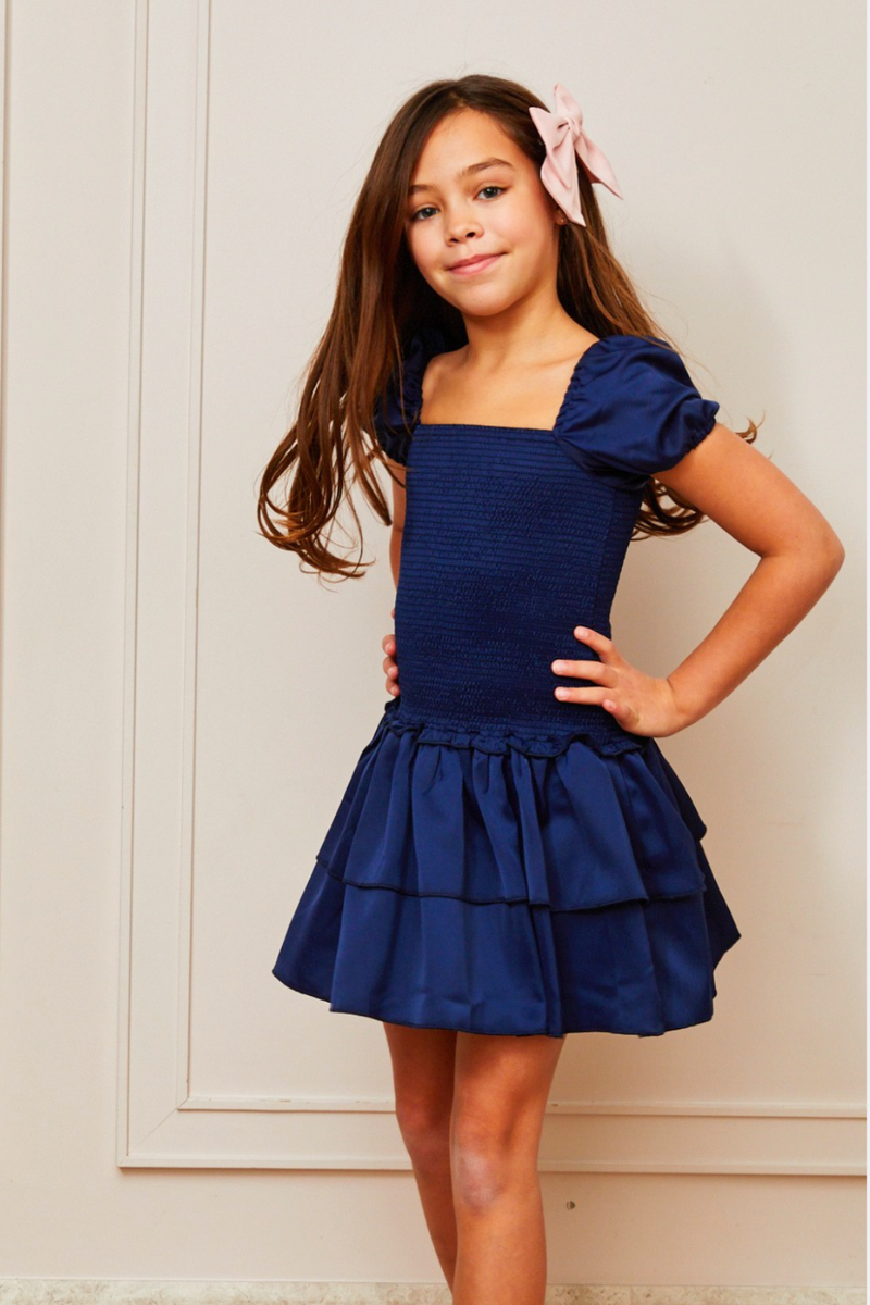Lexi Navy Satin Smocked Dress by THEME