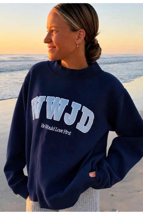 "WWJD" Heavy Weight Mockneck Crew Sweatshirt in Navy