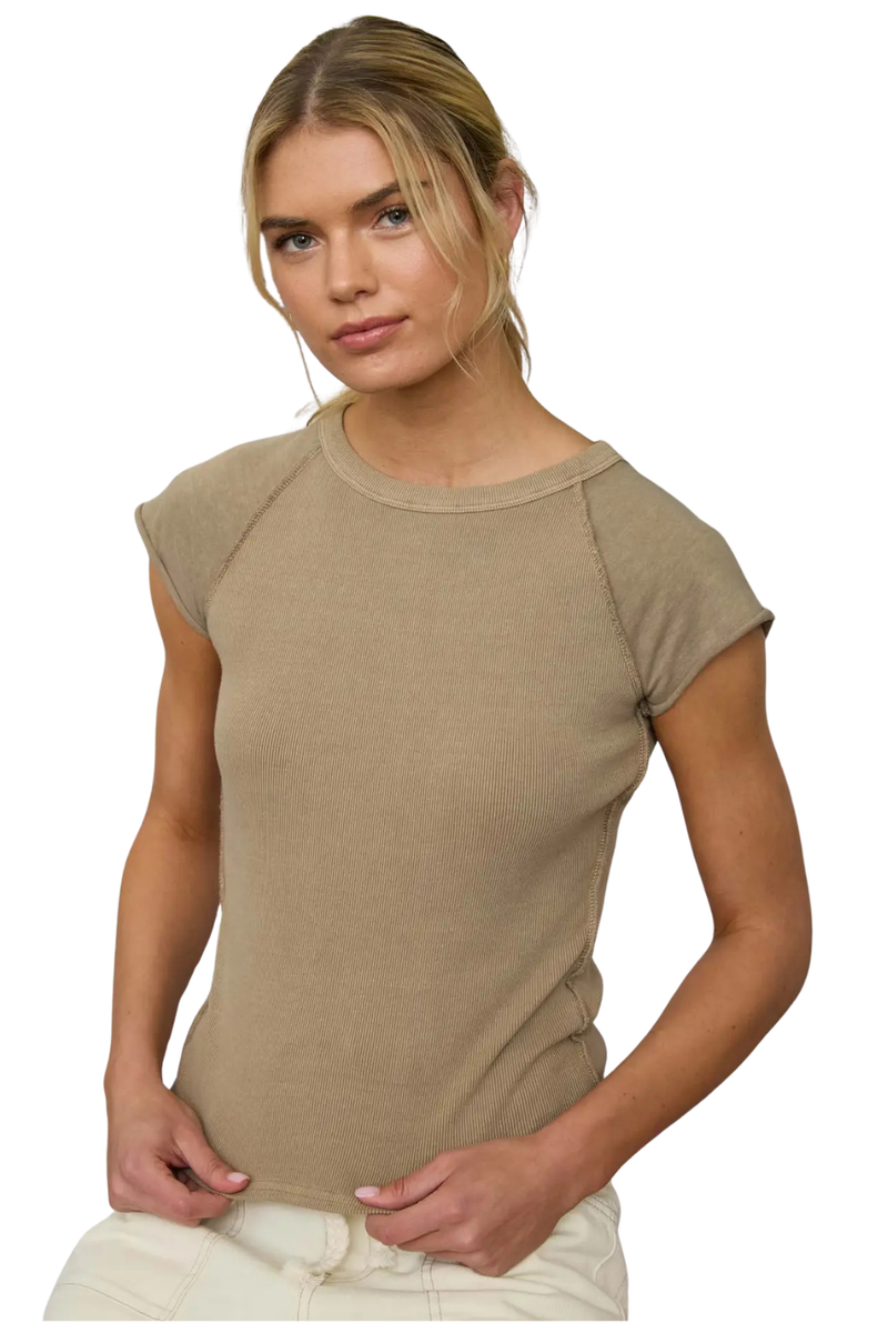 Raglan Exposed Seam Short Sleeve Knit Top