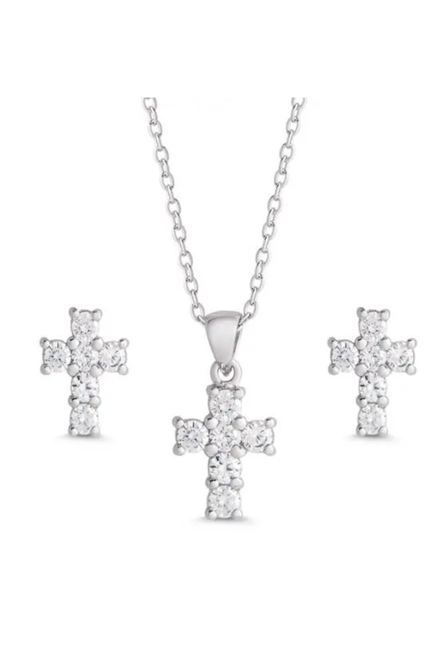 Cz Cross Pendant and Stud Earrings Set in Sterling Silver by Lily Nily
