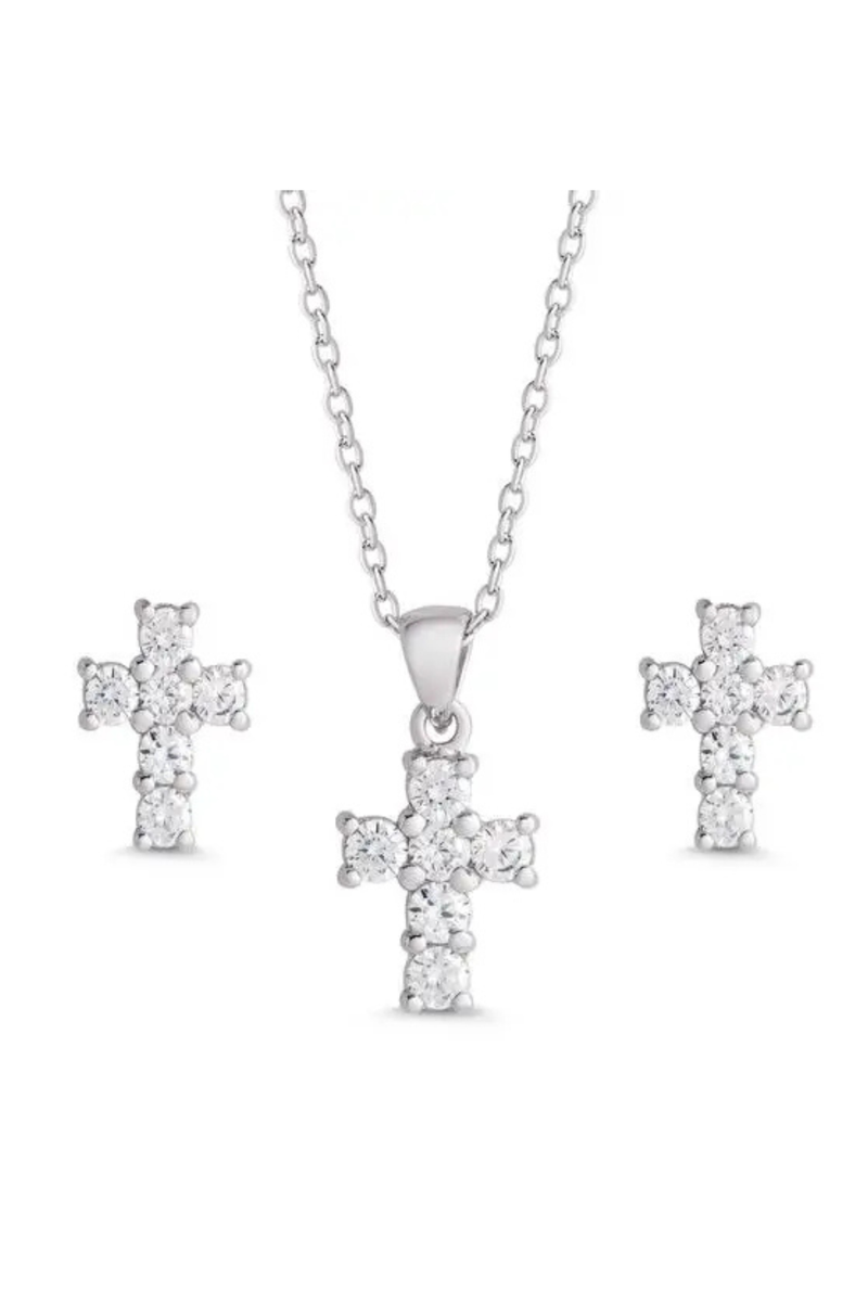 Cz Cross Pendant and Stud Earrings Set in Sterling Silver by Lily Nily