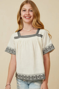 Girls Cotton Slub Textured Embroidered Square Neck Top