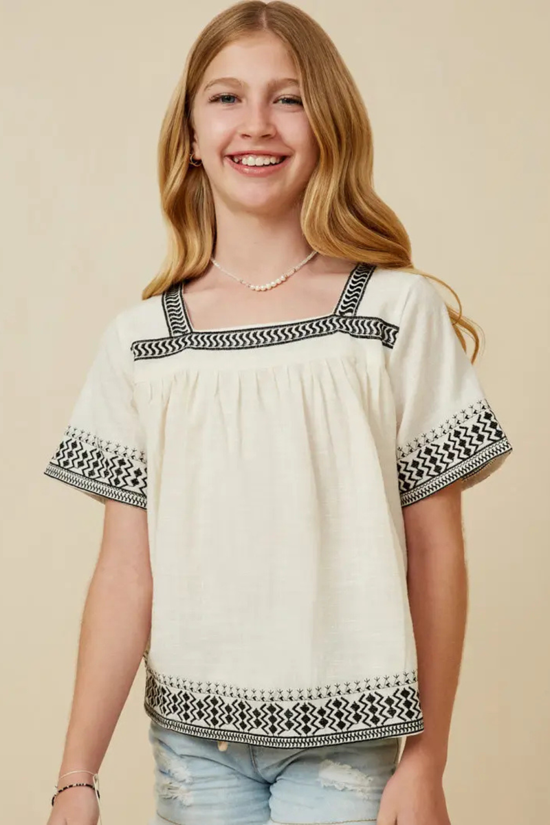 Girls Cotton Slub Textured Embroidered Square Neck Top