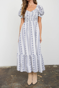 Floral Stripe Puff Sleeve Ruffled Midi Dress