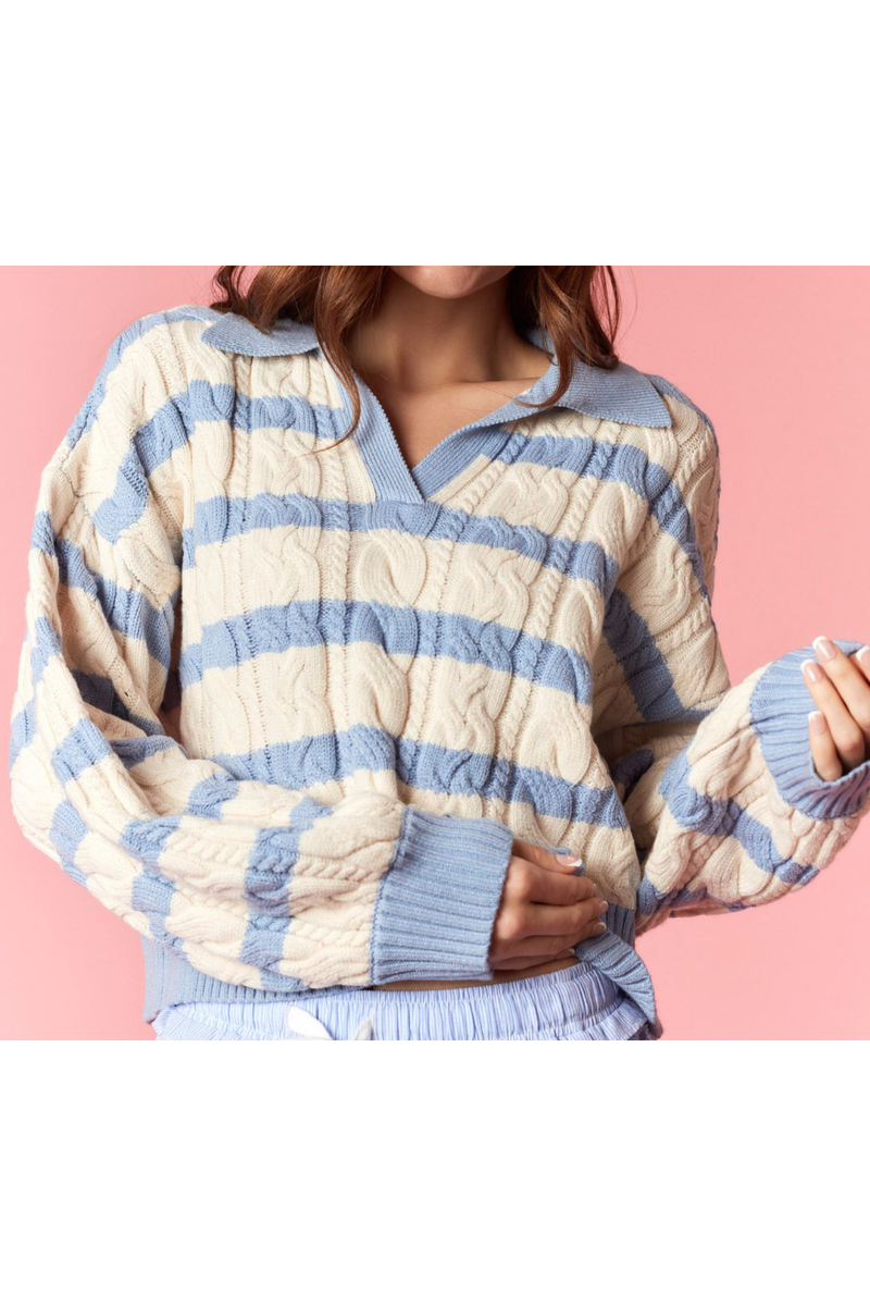 Girls Striped Crop Cable Knit Sweater by Peach Love California