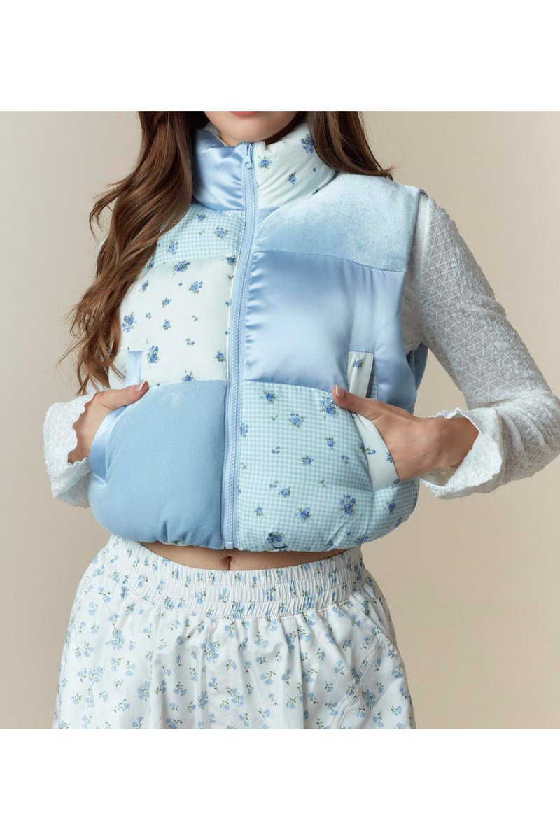 Youth Blue Ditsy Floral Puffer Vest by Peach Love California